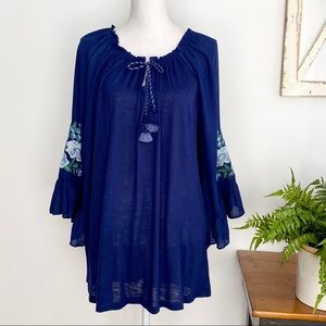 Vintage America Blue Blouse with Floral Sleeves